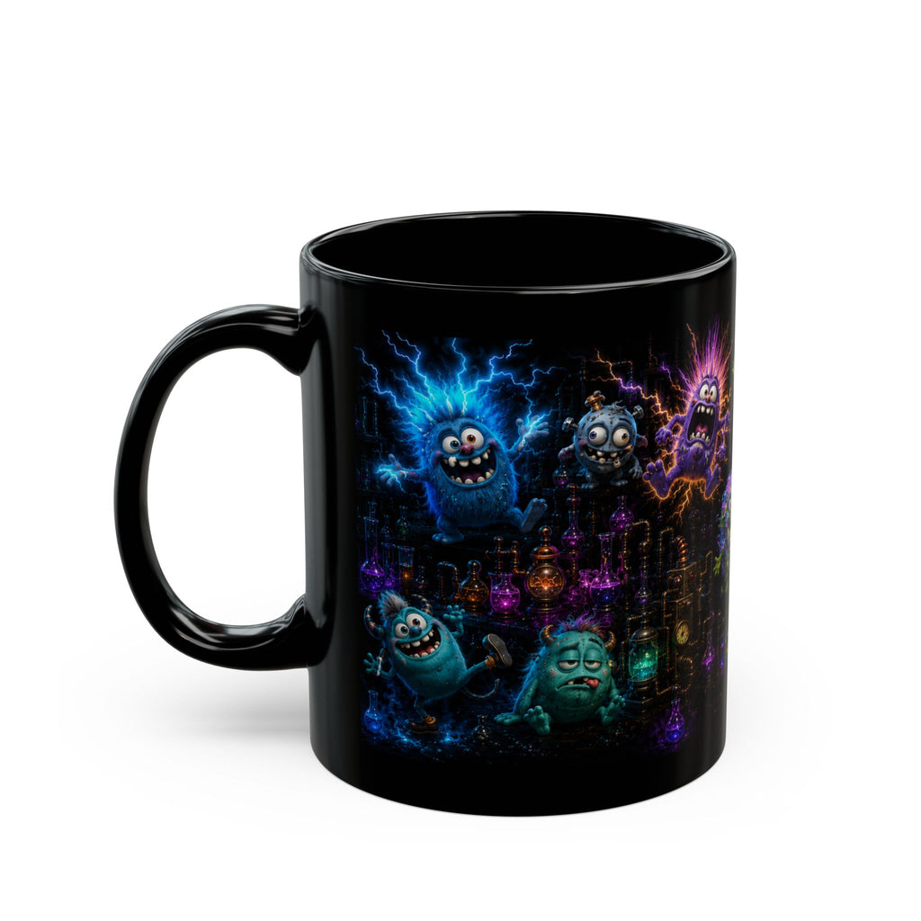 Monster Lab Black Mug — Colorful Cute Monsters Wraparound Cup (11oz/15oz)
