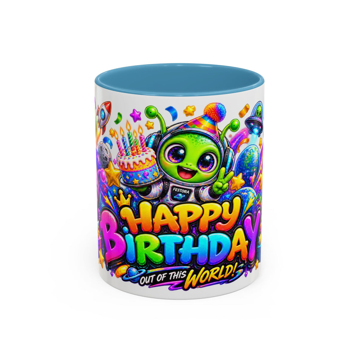 Happy Birthday Out of This World Accent Mug — Cute Alien Space Birthday Coffee Cup (11oz)