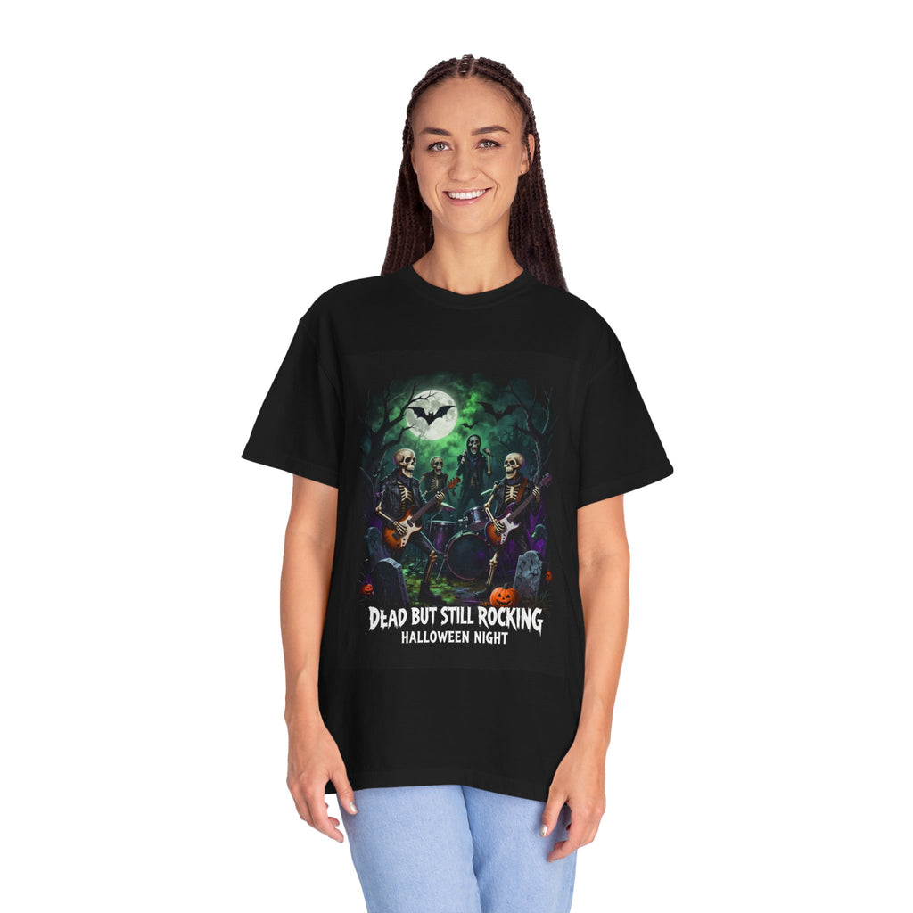 Halloween Rock Band T-Shirt — "Dead But Still Rocking" Skeleton Guitar Tee