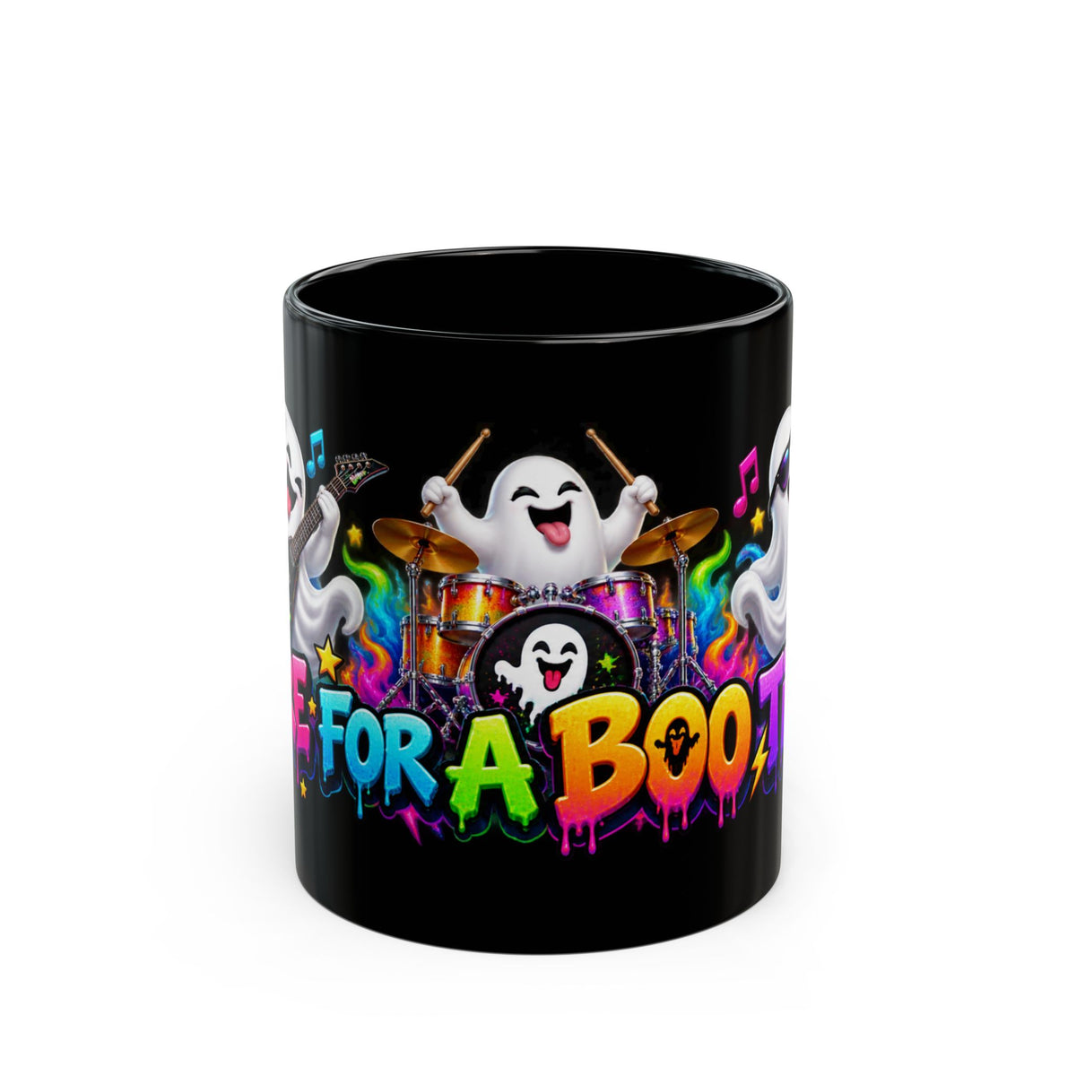 Here for a Boo Time Halloween Ghost Rock Band Black Mug