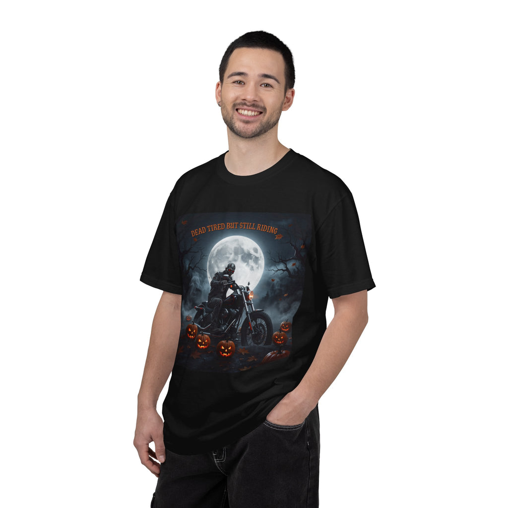Halloween Motorcycle T-Shirt – 'Dead Tastes But Still Riding' Rider Skull Tee