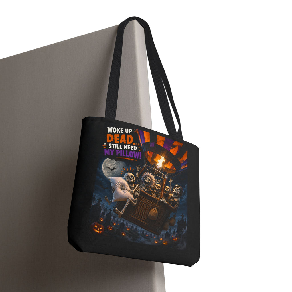Halloween Ghost Tote — "Woke Up Dead... Still Need My Pillow" All-Over Print Tote