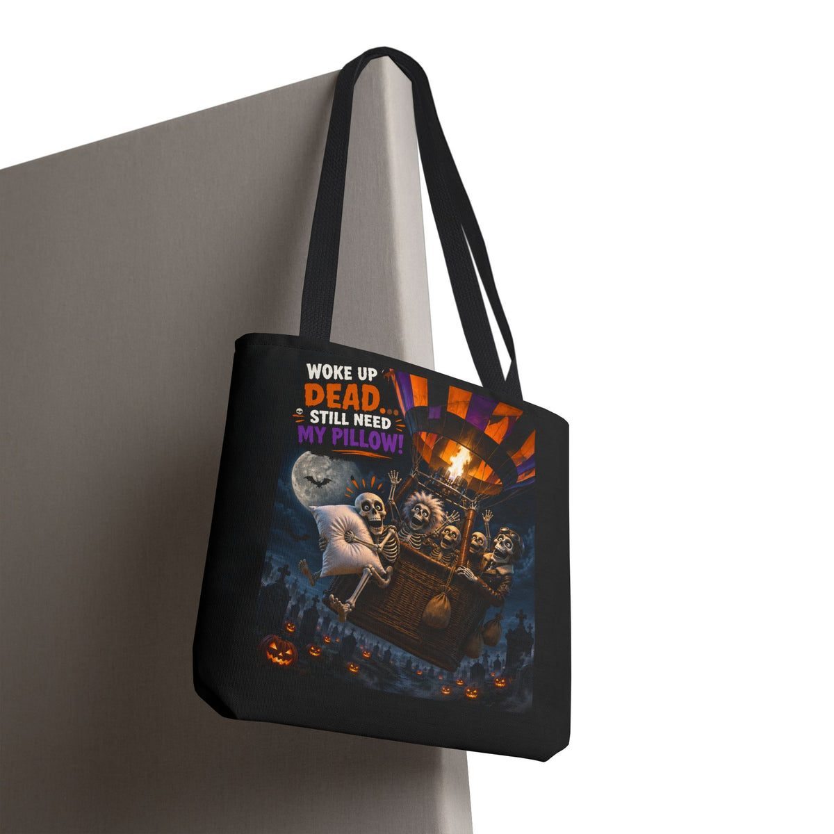 Halloween Ghost Tote — "Woke Up Dead... Still Need My Pillow" All-Over Print Tote