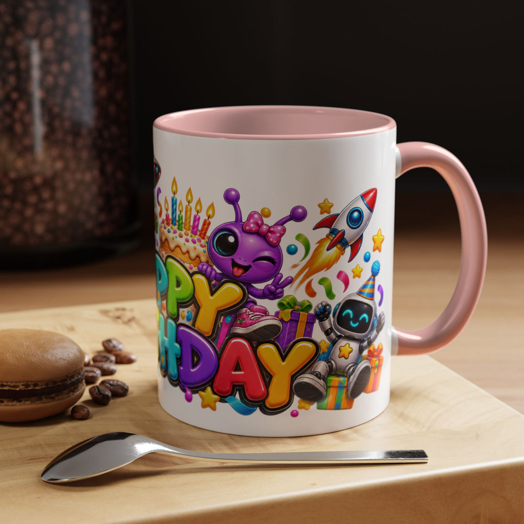 Happy Birthday Space Party Mug – Cute Aliens, Robots, UFO & Colorful 3D Birthday Design