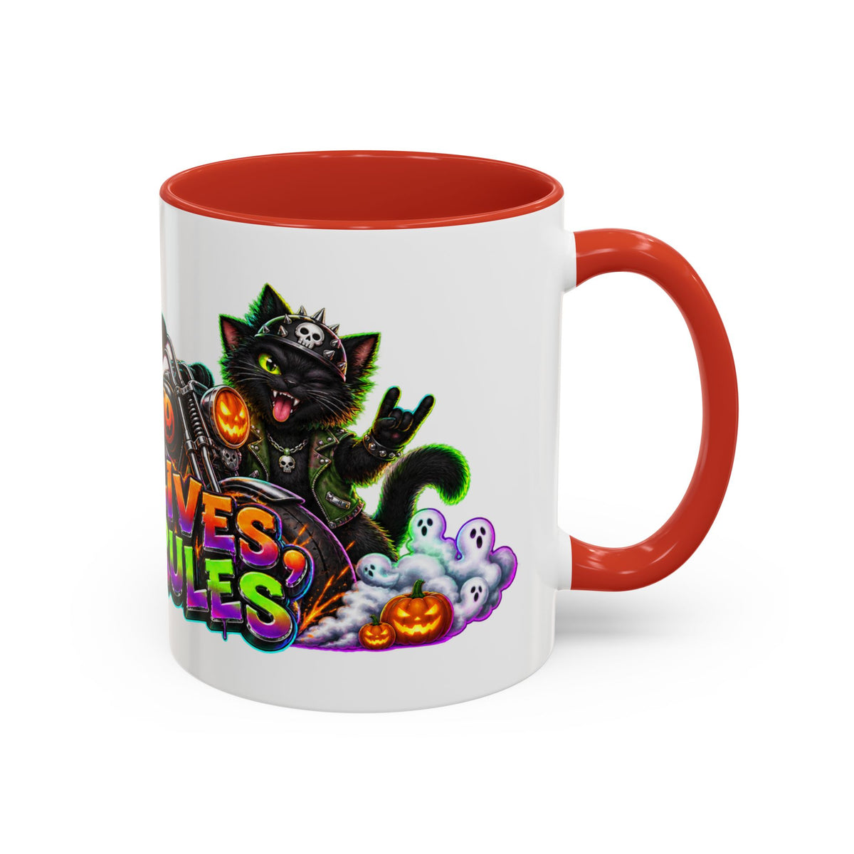 Nine Lives Zero Rules Biker Cats Halloween White Mug