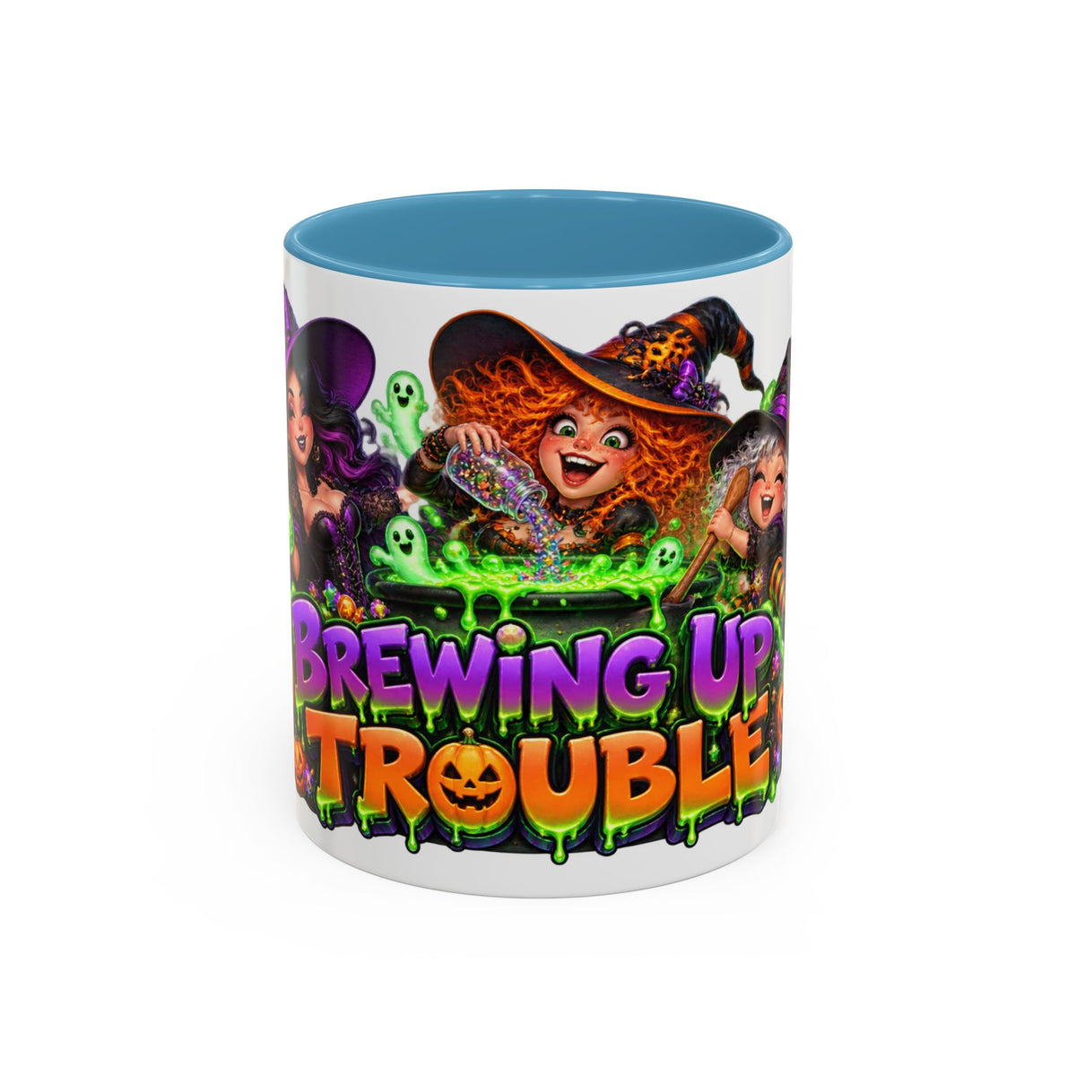 Brewing Up Trouble Witches Halloween White Mug