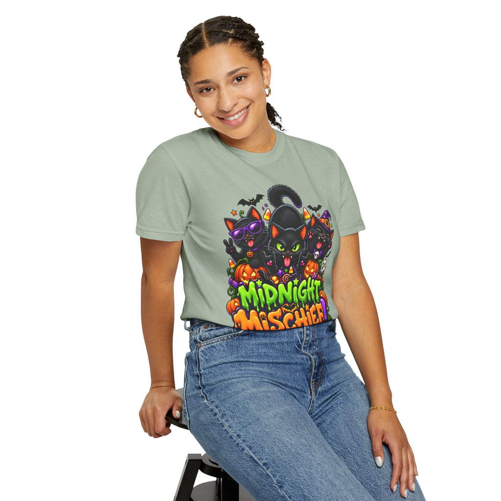 Midnight Mischief Halloween T-Shirt – Funny Black Cat Graphic Tee