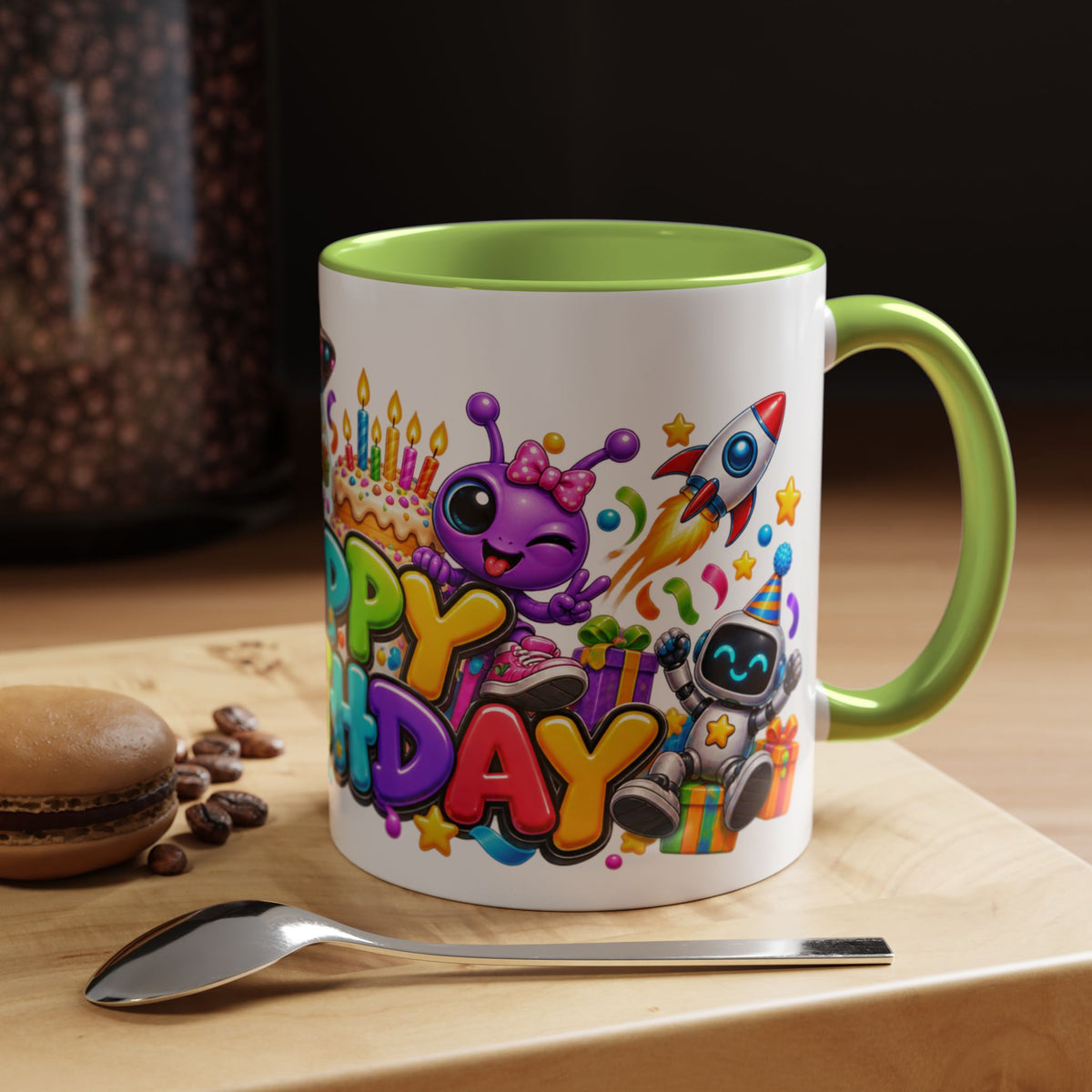 Happy Birthday Space Party Mug – Cute Aliens, Robots, UFO & Colorful 3D Birthday Design