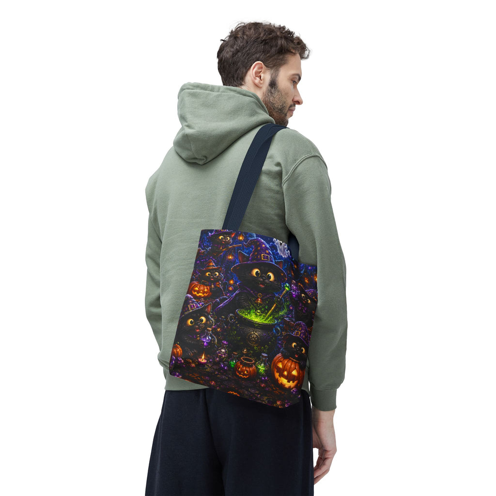 Halloween Black Cat Witches Tote Bag — Cute 3D Cats, Cauldron & Pumpkins Design