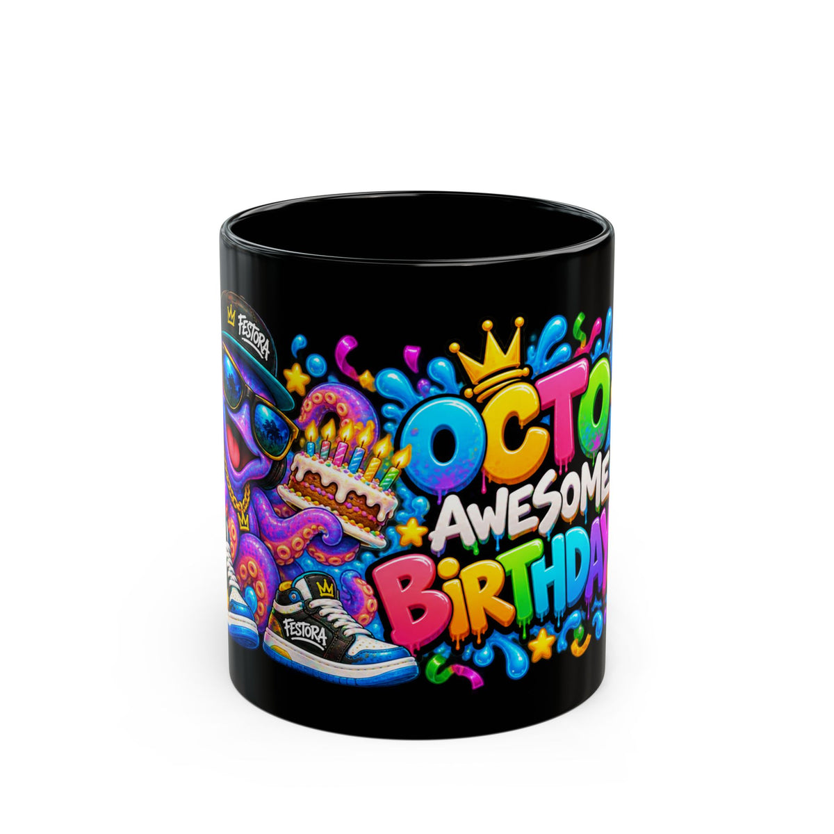 OCTO AWESOME BIRTHDAY! Black Ceramic Mug – Funny Octopus Birthday Coffee Cup – Colorful Party Gift – Original FestoraShop Design