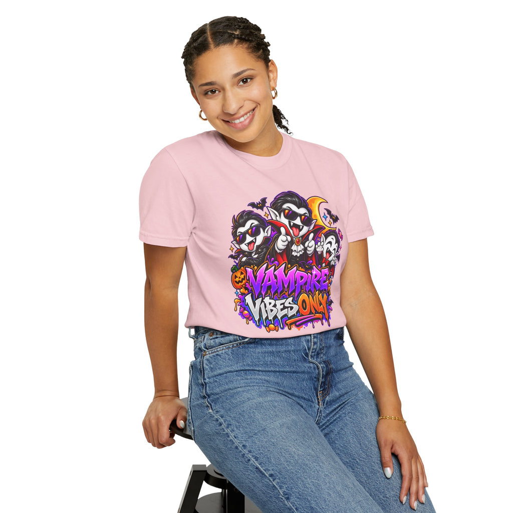 Neon Vampire Vibes Halloween Unisex Garment-Dyed T-Shirt Featuring a Cool Festora Vampire Crew