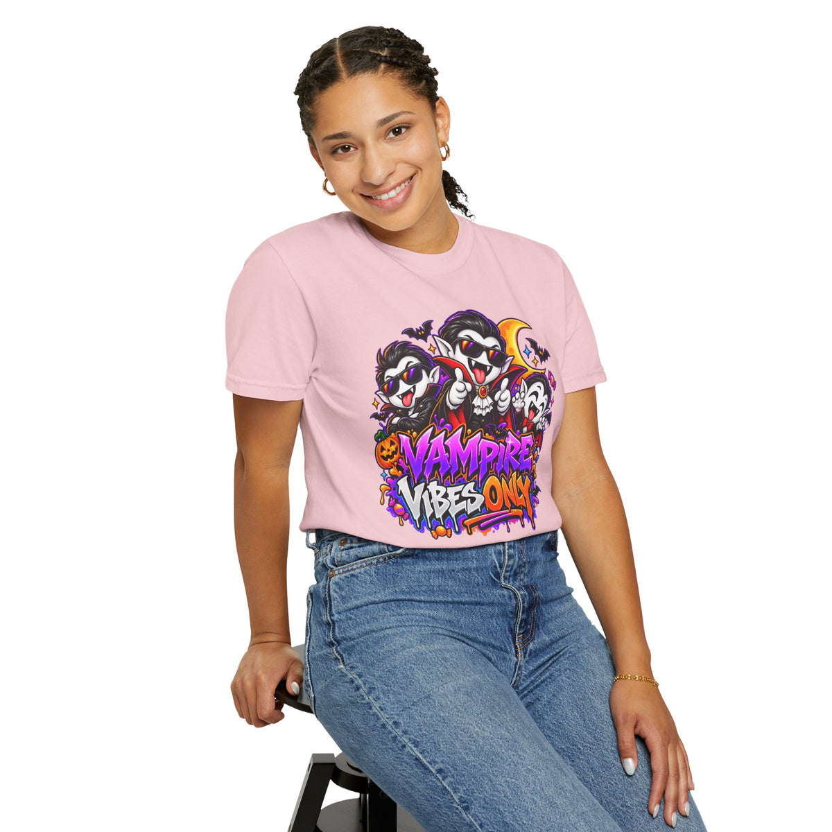 Neon Vampire Vibes Halloween Unisex Garment-Dyed T-Shirt Featuring a Cool Festora Vampire Crew