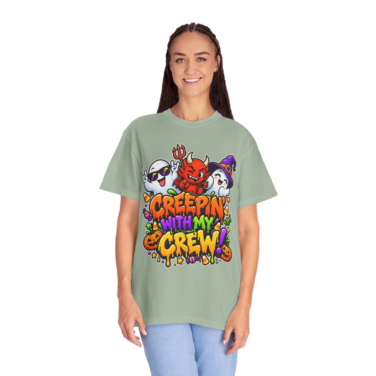 Creepin’ With My Crew Halloween T-Shirt – Colorful Funny Ghost & Devil Graphic Tee