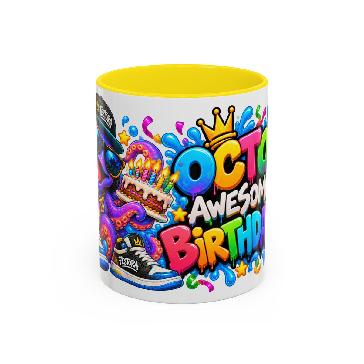 OCTO AWESOME BIRTHDAY! White Ceramic Mug – Funny Octopus Birthday Coffee Cup – Colorful Party Gift – Original FestoraShop Design