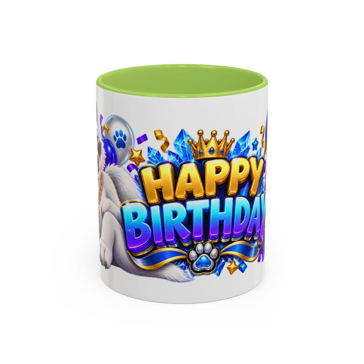 White Wolf Happy Birthday Mug – Blue Purple & Gold Birthday Gift – FestoraShop White Coffee Mug