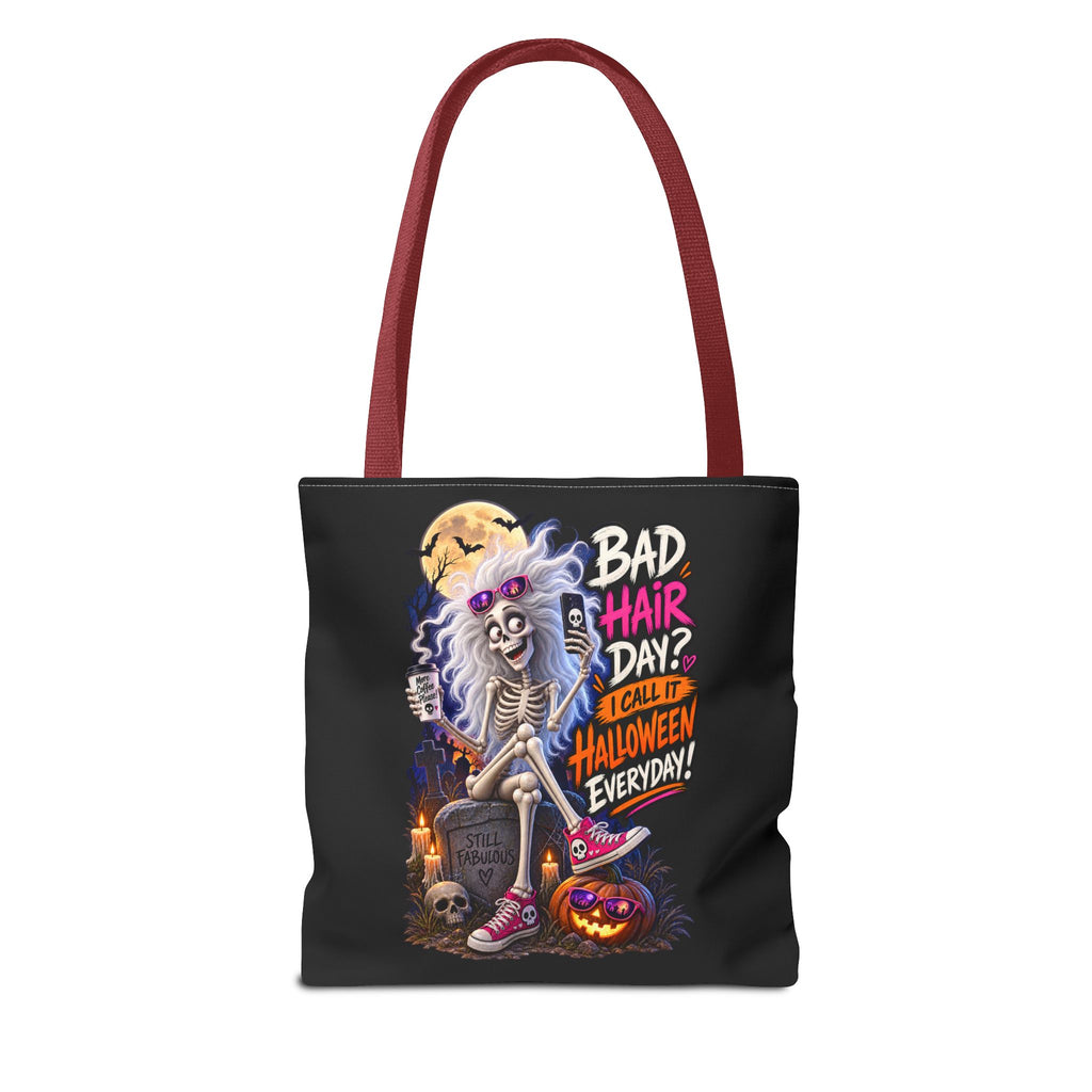 Halloween Skeleton Tote Bag — "Bad Hair Day? I Call It Halloween Everyday" Graphic