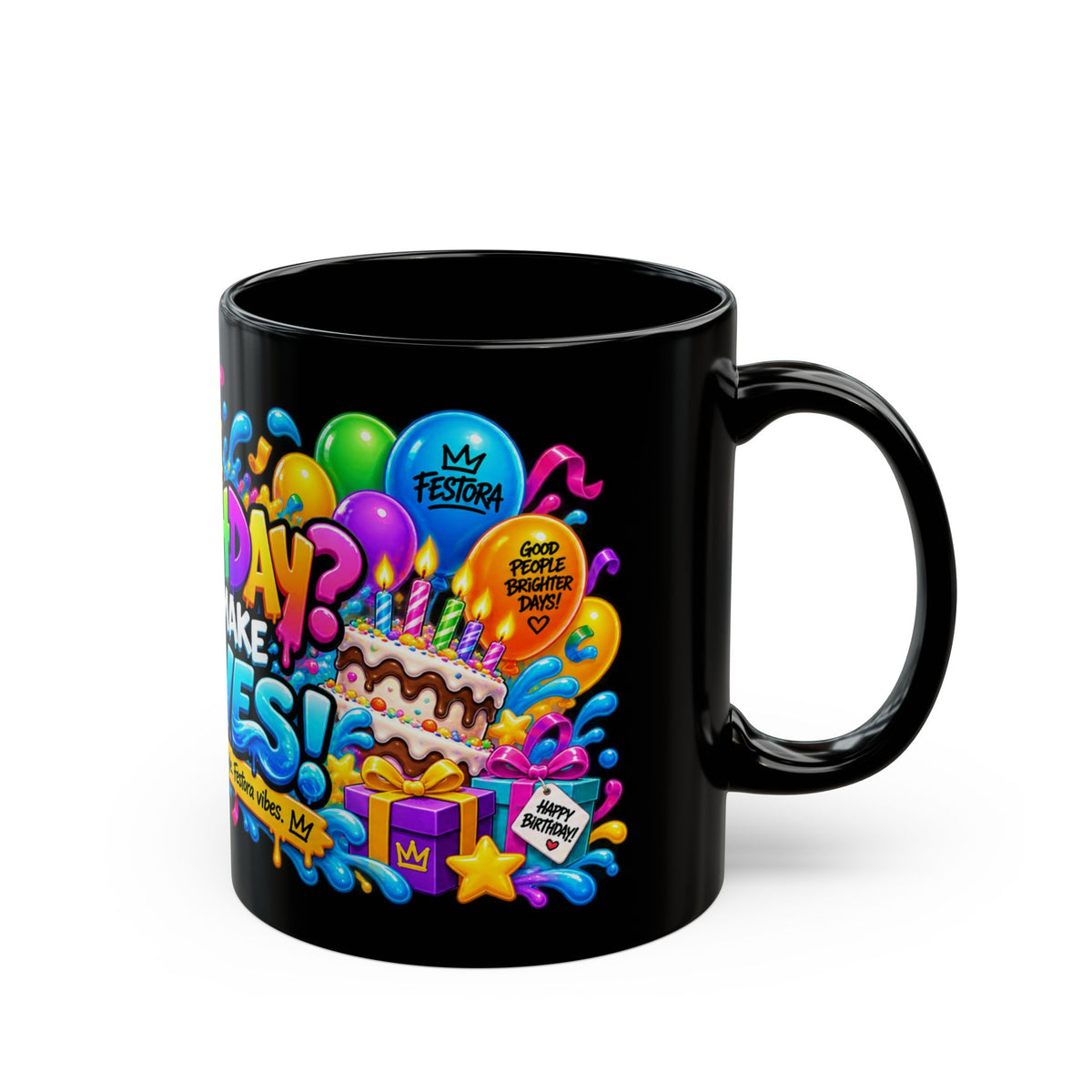 BIRTHDAY? LET’S MAKE WAVES! Black Ceramic Mug – Funny Shark Birthday Coffee Cup – Original FestoraShop Design