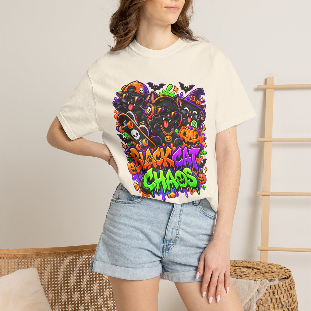 Neon Black Cat Halloween Chaos T-Shirt | Cute Spooky Cat Graphic Tee