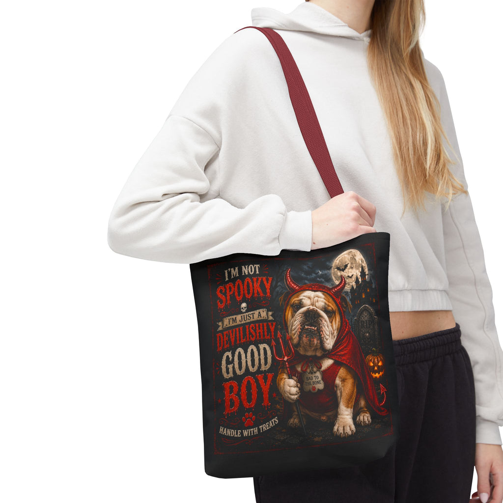 Halloween Bulldog Tote Bag — "I'm Not Spooky, I'm Just a Devilishly Good Boy"