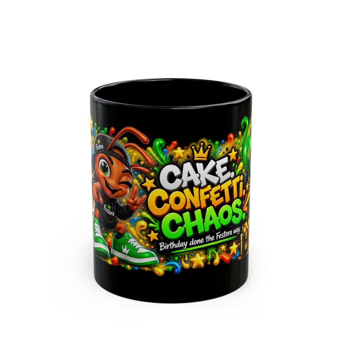 Cake Confetti Chaos Black Mug – Festora Ant Birthday Coffee Cup