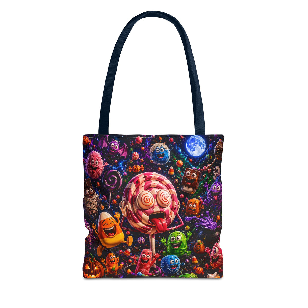 Crazy Halloween Candy Monsters Tote Bag — Colorful 3D Lolipop & Treats Design