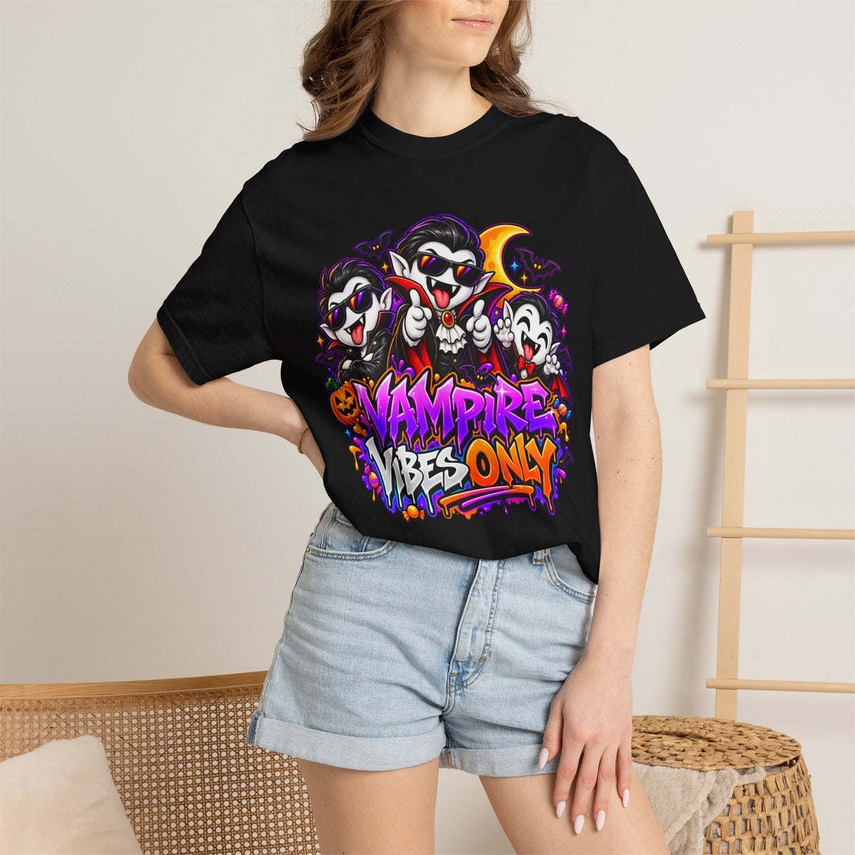 Neon Vampire Vibes Halloween Unisex Garment-Dyed T-Shirt Featuring a Cool Festora Vampire Crew