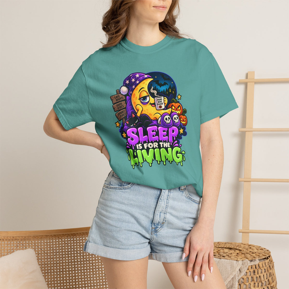 Sleep Is for the Living – Funny Halloween Moon T-Shirt