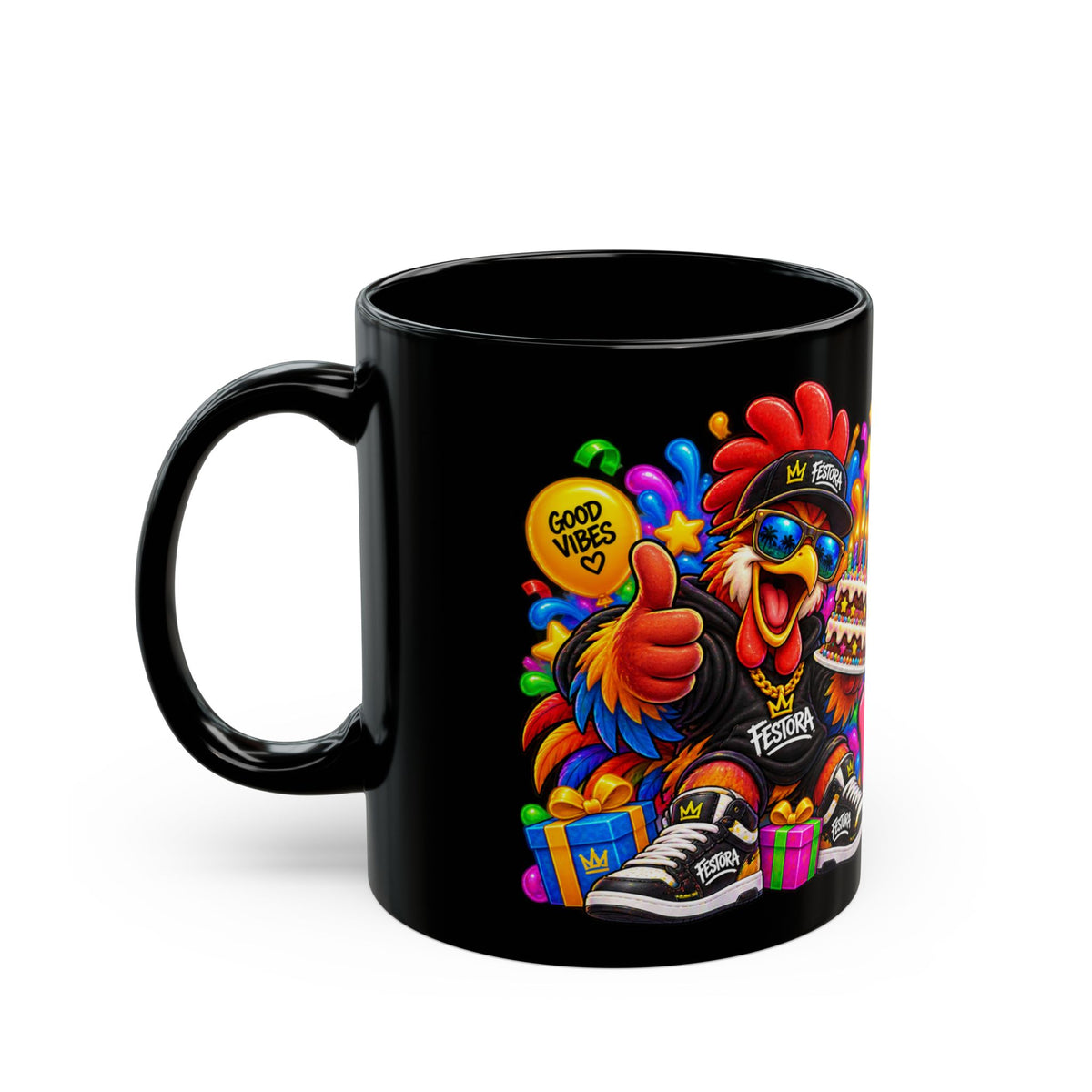 RISE AND SHINE… IT’S YOUR BIRTHDAY! Black Ceramic Mug – Funny Rooster Birthday Coffee Cup – Colorful Party Gift – Original FestoraShop Design