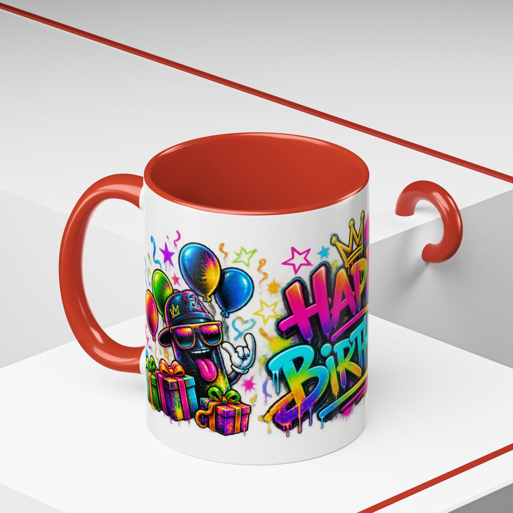 Happy Birthday Accent Coffee Mug – Colorful Graffiti Cake & Balloons (11/15oz)