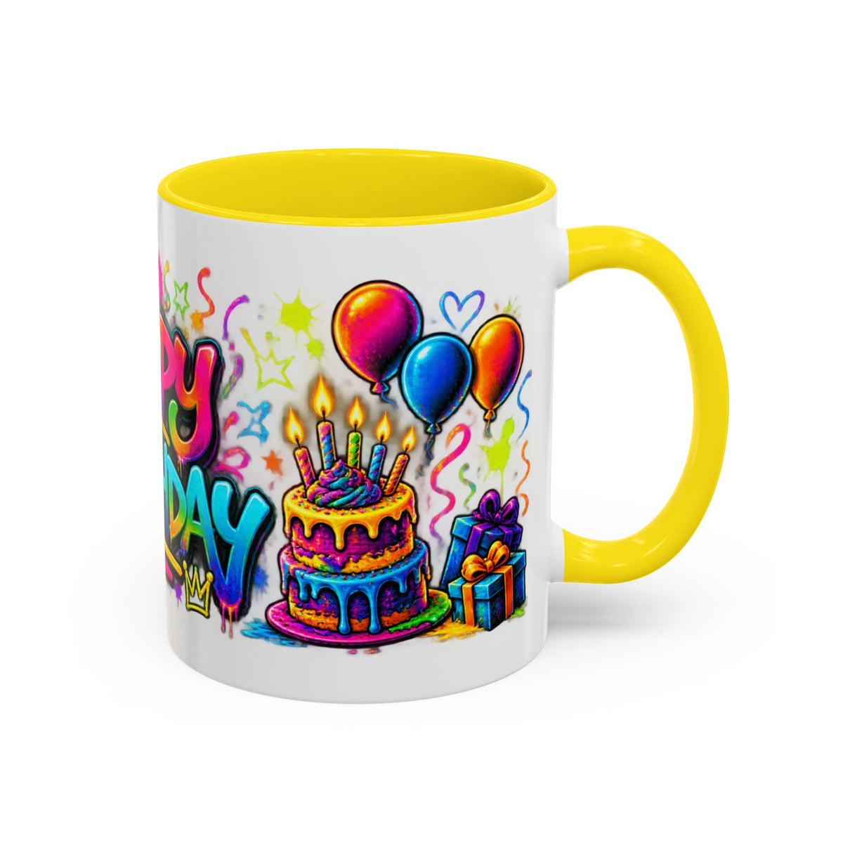 Happy Birthday Accent Coffee Mug – Colorful Graffiti Cake & Balloons (11/15oz)