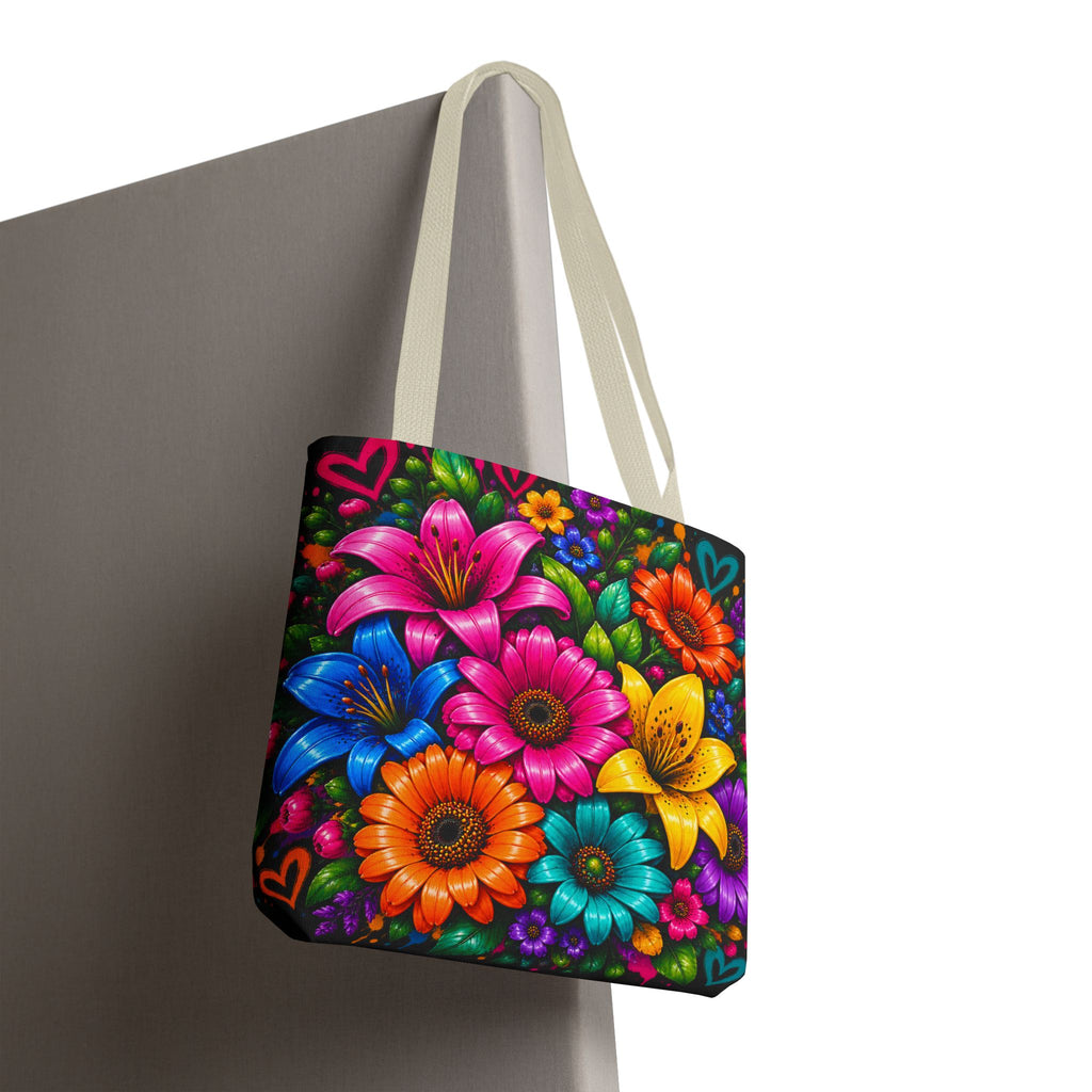 Festora Floral Burst Tote Bag — Colorful Flowers on Black