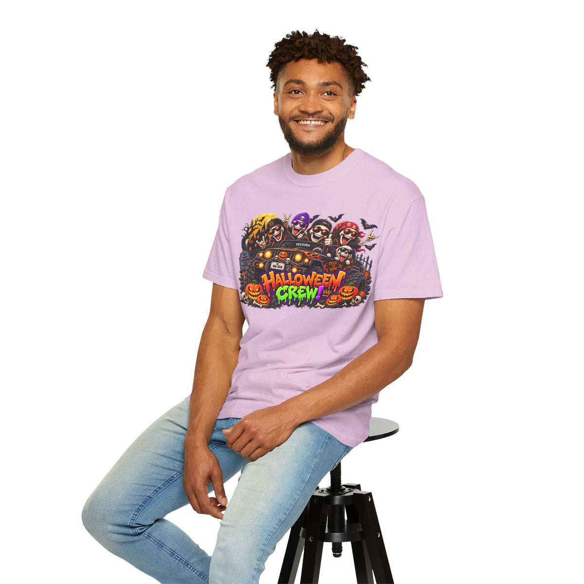 Halloween Crew T-Shirt – Skeleton Jeep Spooky Graphic Tee