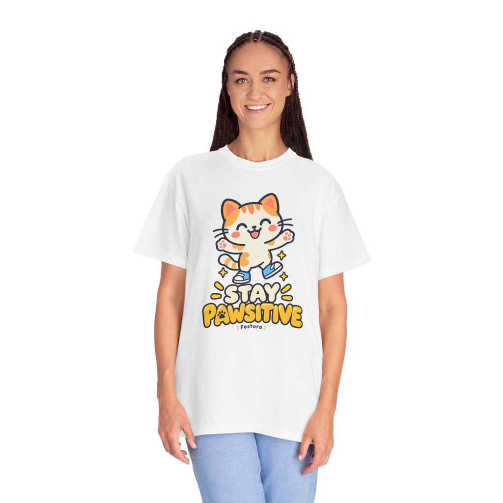 Stay Pawsitive – Cute Happy Cat Graphic T-Shirt
