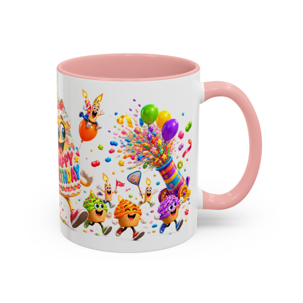 Birthday Party Coffee Mug – Colorful Happy Birthday Cake & Balloon Design (11/15oz Accent Mug)