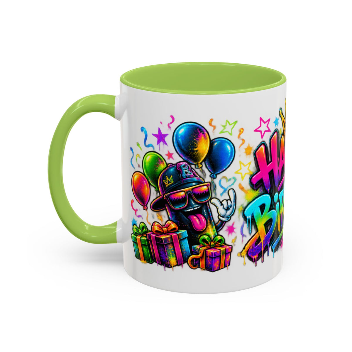 Happy Birthday Accent Coffee Mug – Colorful Graffiti Cake & Balloons (11/15oz)