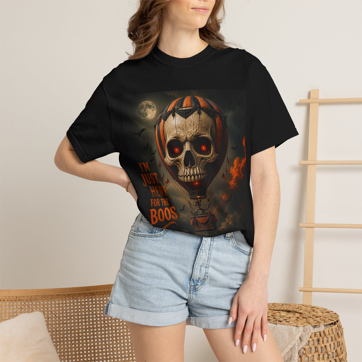Halloween 'I'm Just Here for the Boos' Skull Hot Air Balloon T-Shirt