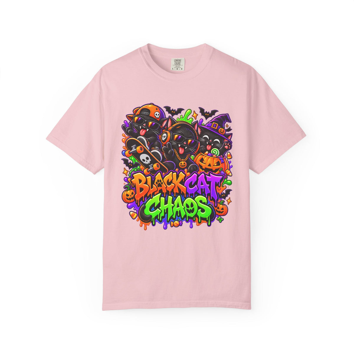 Neon Black Cat Halloween Chaos T-Shirt | Cute Spooky Cat Graphic Tee