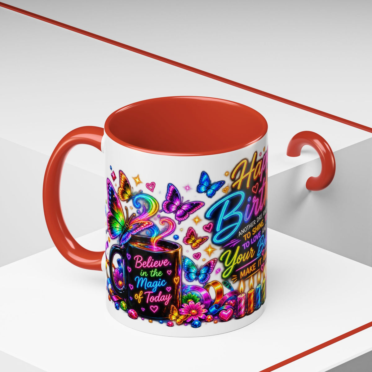 Birthday Coffee Mug – Colorful "Happy Birthday" Gift Mug with Butterflies & Candles
