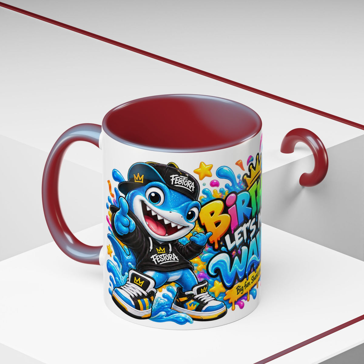 BIRTHDAY? LET’S MAKE WAVES! White Ceramic Mug – Funny Shark Birthday Coffee Cup – Original FestoraShop Design