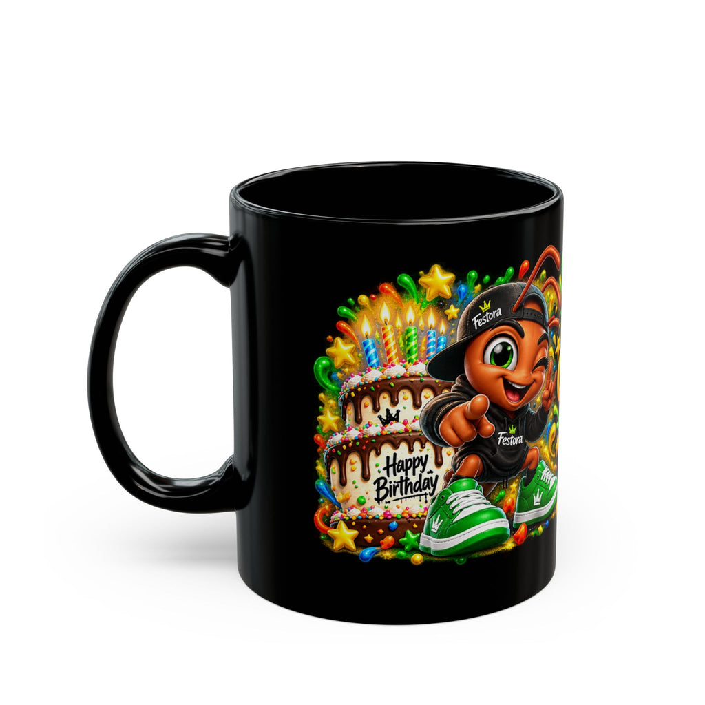 Cake Confetti Chaos Black Mug – Festora Ant Birthday Coffee Cup