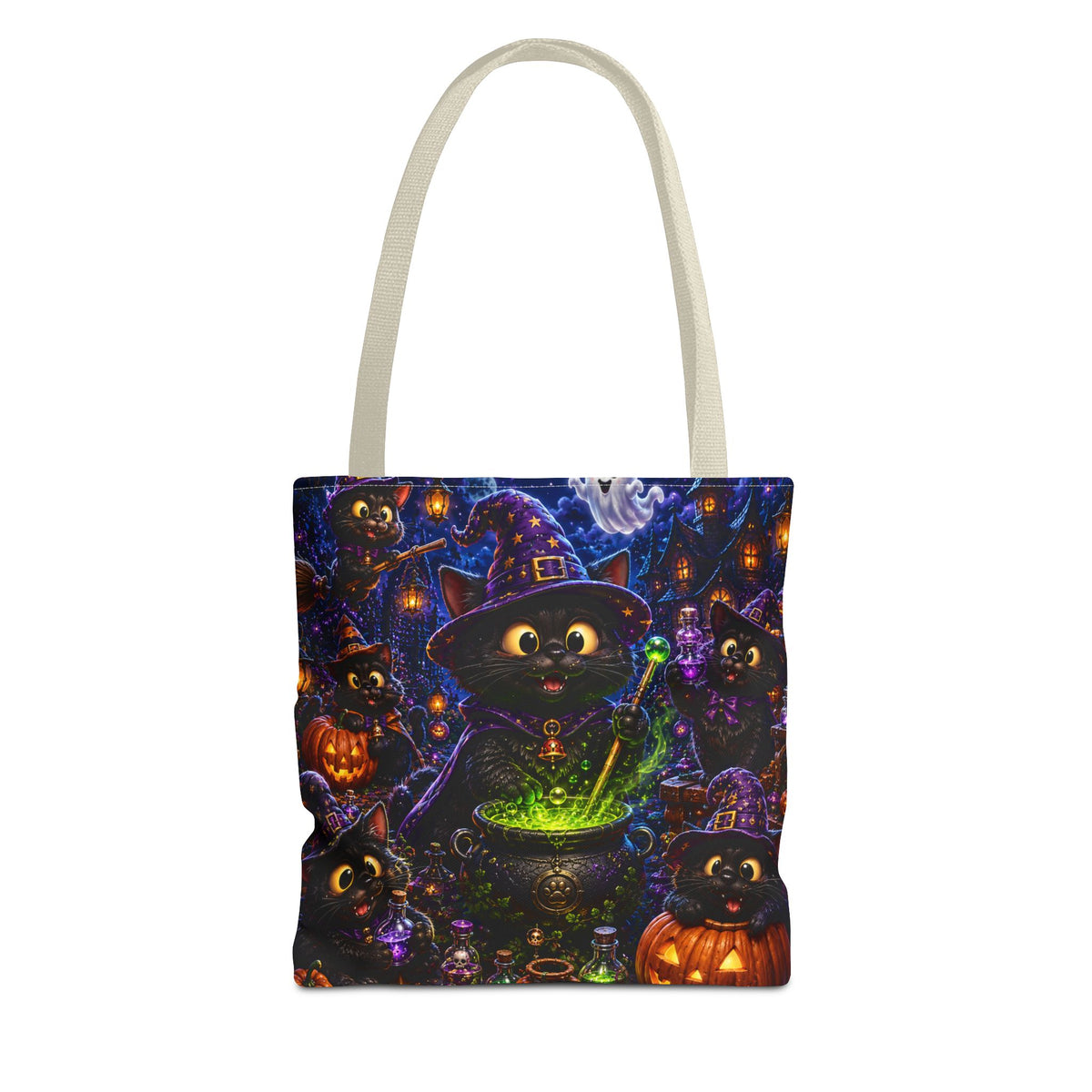 Halloween Black Cat Witches Tote Bag — Cute 3D Cats, Cauldron & Pumpkins Design