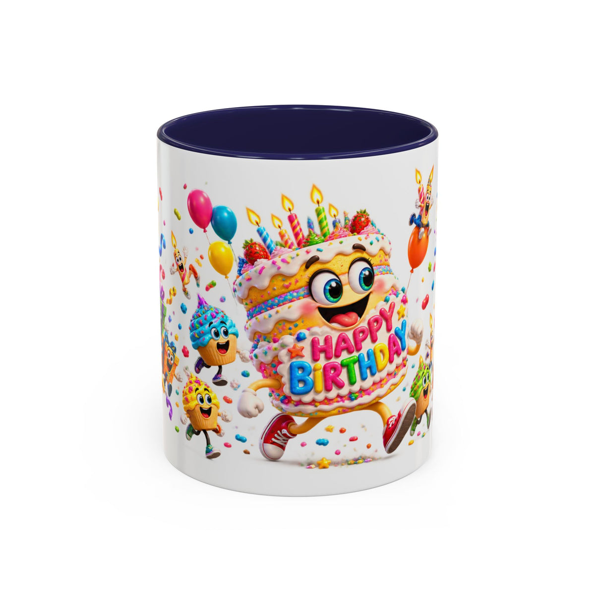 Birthday Party Coffee Mug – Colorful Happy Birthday Cake & Balloon Design (11/15oz Accent Mug)