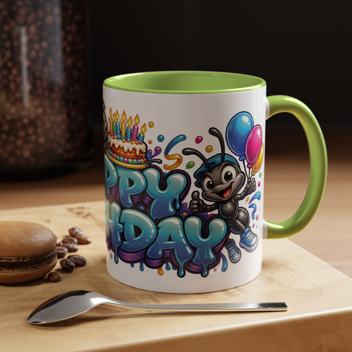 Happy Birthday Cartoon Mug – Graffiti Ants, Birthday Cake, Balloons & Confetti Coffee Cup
