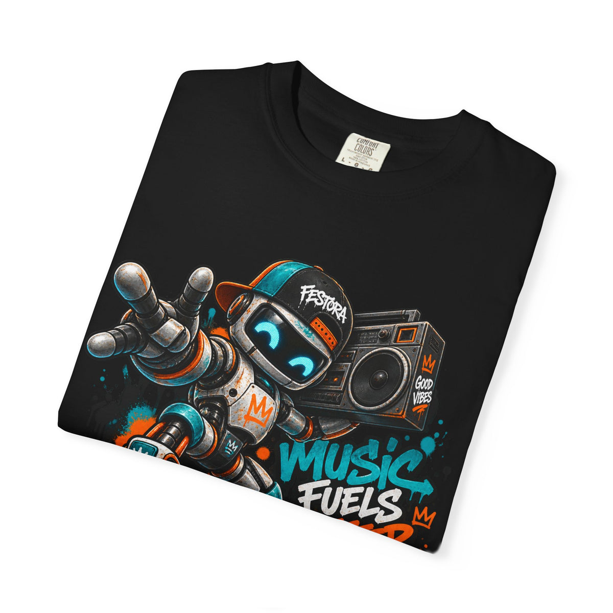 Music Fuels Better Days T-Shirt — Retro Robot Boombox Streetwear