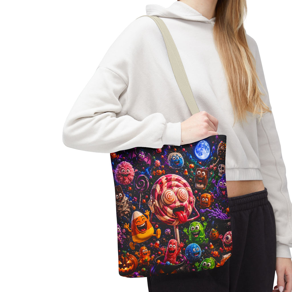 Crazy Halloween Candy Monsters Tote Bag — Colorful 3D Lolipop & Treats Design