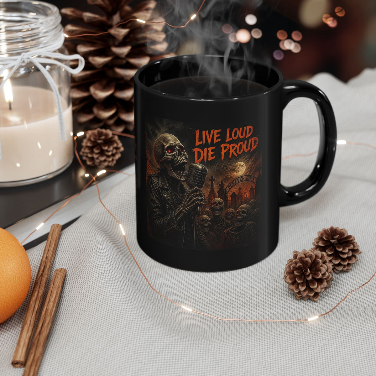 Live Loud Die Proud Skull Rocker Mug — Gothic Heavy Metal Coffee Cup (11oz/15oz)