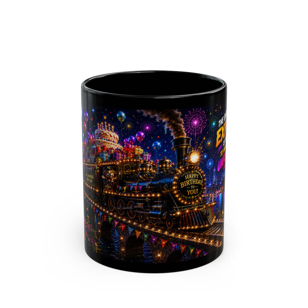 Birthday Express Black Mug – Colorful Train Party Coffee Cup (11oz)