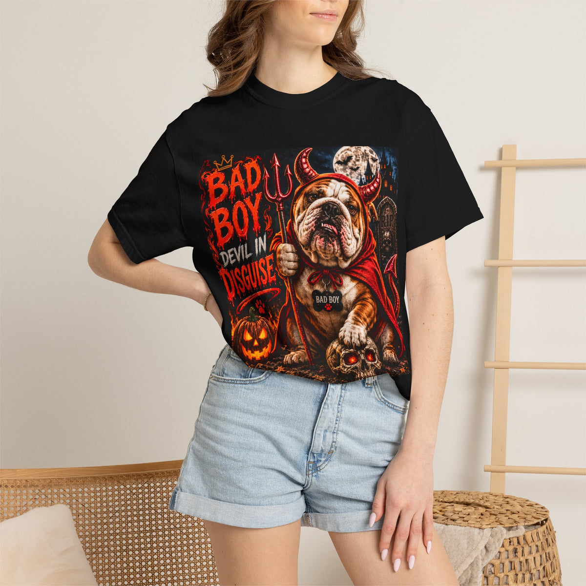 Bad Boy Devil in Disguise Bulldog Halloween T-Shirt
