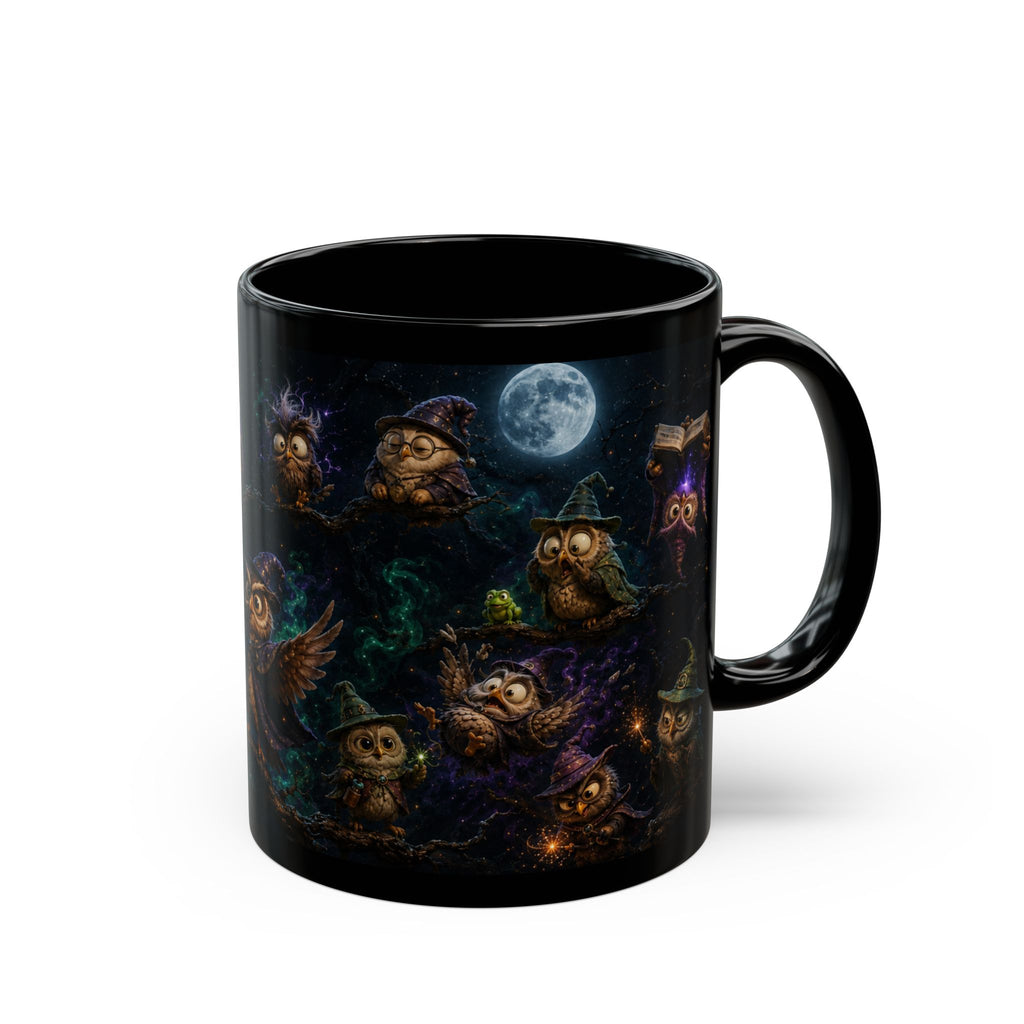 Halloween Magic Owl Night Mug — Cute Wizard Owls under Full Moon (Black 11oz/15oz)