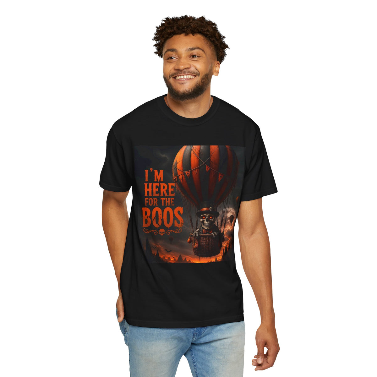Halloween "I'm Here for the Boos" T-Shirt — Spooky Hot Air Balloon Ghost Tee